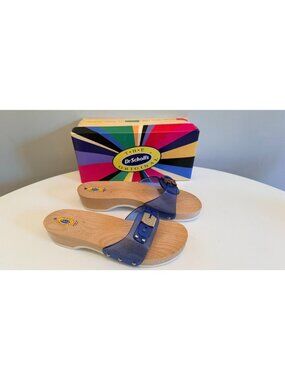 Dr Scholls Women Size 10 Wood Exercise Clog Sandal Blue Vinyl Slide Shoe New